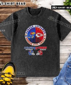 Top Kansas Sports Jayhawks Saturdays on Chiefs Sundays football helmets washed t-shirt, perfect for game day fans.