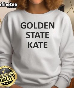 Katelyn Tarver wearing a stylish Golden State Kate sweatshirt, showcasing her trendy and casual fashion.