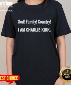 Lisa Robinson wearing 'God Family Country I Am' Charlie Kirk ladies tee, showcasing patriotic style and empowerment.