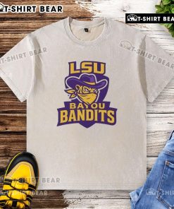Alt Text: Top LSU Bayou Bandits logo on a stylish washed t-shirt, perfect for fans and casual wear.