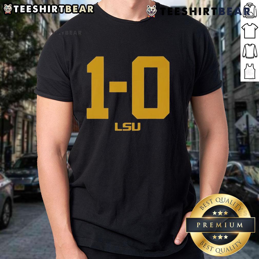 Top Lsu Football Tigers 1 0 T Shirt LSU Football Tigers 1-0 T-Shirt featuring bold team colors and logo, perfect for fans celebrating a victory.
