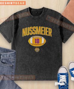 Alt Text: Vintage washed t-shirt featuring LSU Tigers football player Garrett Nussmeier, number 18, in a stylish design.