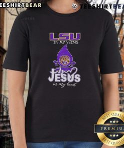 Top LSU Tigers in My Veins Jesus in My Heart Ladies Tee showcasing vibrant team spirit and faith, perfect for fans.