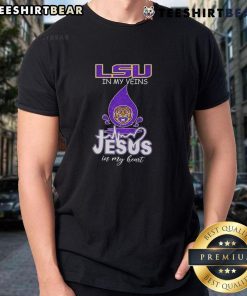 Alt Text: Top LSU Tigers in My Veins Jesus in My Heart T-Shirt featuring vibrant graphics for passionate fans.