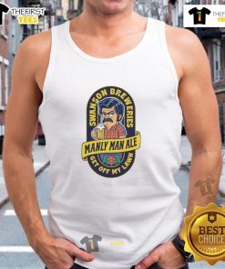 Top Manly Man Ale Swanson Breweries Get Off My Lawn logo on a stylish tank top for beer enthusiasts and outdoor lovers.