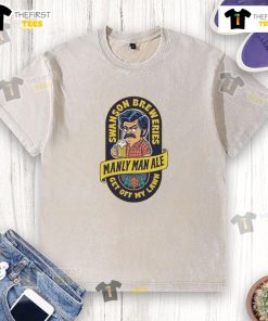 Top Manly Man Ale logo on a washed t-shirt from Swanson Breweries, featuring a humorous 'Get Off My Lawn' design.