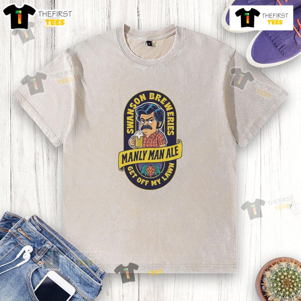 Top Manly Man Ale Swanson Breweries Get Off My Lawn Logo Washed T Shirt Top Manly Man Ale logo on a washed t-shirt from Swanson Breweries, featuring a humorous 'Get Off My Lawn' design.