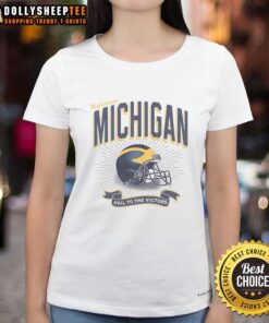 Alt Text: Top Michigan Wolverines Prime Play Ladies Tee in navy blue, showcasing team logo and stylish design for fans.