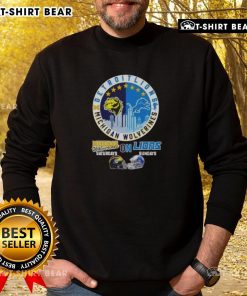 Top Michigan Wolverines Saturdays on Detroit Lions Sundays helmets skyline sweatshirt design for sports fans.