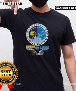Michigan Wolverines Saturdays & Detroit Lions Sundays helmet skyline t-shirt design showcasing team spirit and pride.