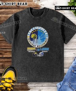 Alt Text: Top Michigan Wolverines Saturdays and Detroit Lions Sundays helmets on a skyline washed t-shirt design.