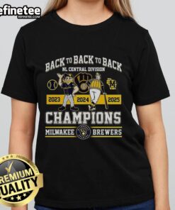Ladies tee celebrating the Milwaukee Brewers as back-to-back NL Central Division Champions with mascot design.
