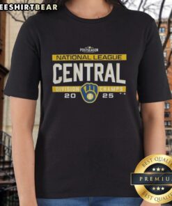 Milwaukee Brewers MLB 2025 NL Central Division Title locker room scene featuring team ladies' tee shirts celebrating postseason.