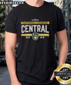 Alt Text: Milwaukee Brewers 2025 NL Central Division Title T-Shirt in locker room, celebrating postseason victory.