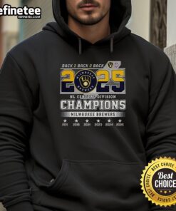 Milwaukee Brewers NL Central Division Champions 2025 hoodie featuring a ball-in-glove logo for back-to-back-to-back wins.
