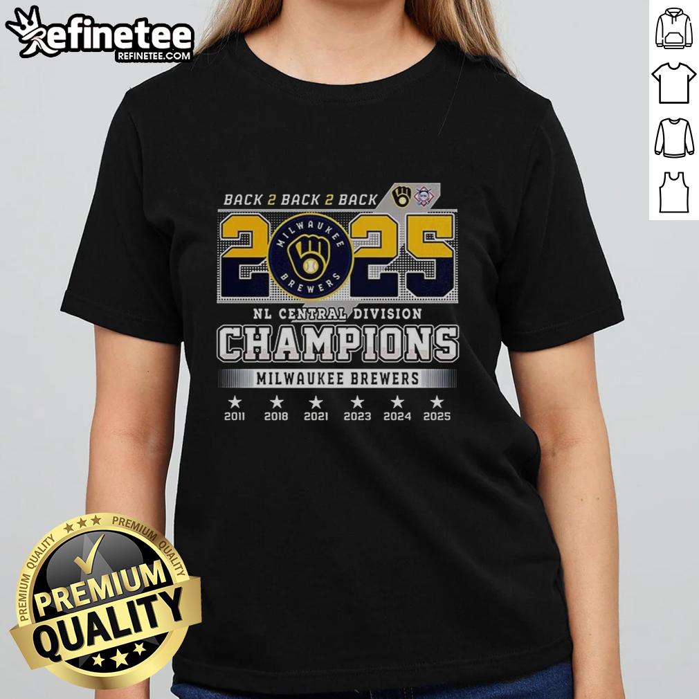 Top Milwaukee Brewers Nl Central Division Champions 2025 Back To Back To Back Ball In Glove Logo Ladies-Tee Alt Text: Ladies tee featuring the Milwaukee Brewers NL Central Division Champions 2025 logo, celebrating back-to-back-to-back wins.