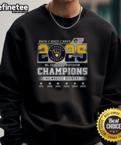 Alt Text: Top Milwaukee Brewers NL Central Division Champions 2025 sweatshirt featuring back-to-back-to-back ball in glove logo.