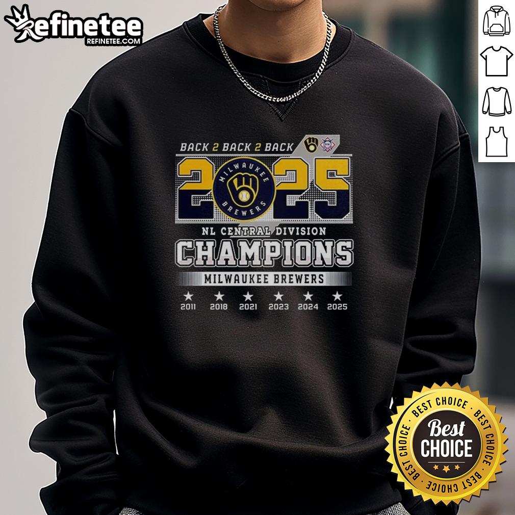 Top Milwaukee Brewers Nl Central Division Champions 2025 Back To Back To Back Ball In Glove Logo Sweatshirt Alt Text: Top Milwaukee Brewers NL Central Division Champions 2025 sweatshirt featuring back-to-back-to-back ball in glove logo.
