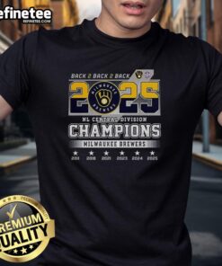 Alt Text: Milwaukee Brewers NL Central Division Champions 2025 Back to Back to Back logo t-shirt featuring a ball and glove design.