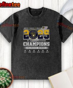 2025 Milwaukee Brewers NL Central Division Champions washed t-shirt featuring back-to-back-to-back ball glove logo.