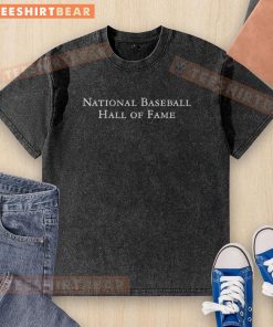 Top National Baseball Hall of Fame wordmark washed t-shirt featuring iconic logo and casual style for fans.