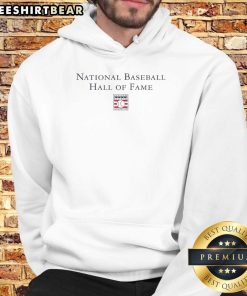 Alt Text: Top National Baseball Hall of Fame wordmark with logo on a stylish hoodie, perfect for baseball fans.