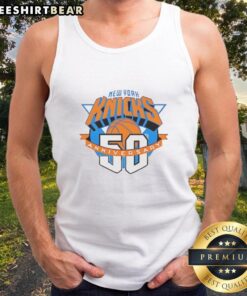 New York Knicks 50th Anniversary logo tank top featuring vibrant colors and iconic basketball design, perfect for fans.