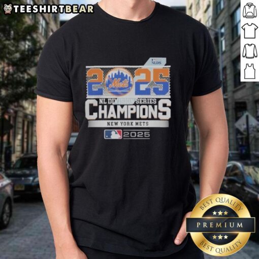 Top New York Mets 2025 MLB Postseason NL Division Series Champions celebration t-shirt featuring team logo and vibrant design.