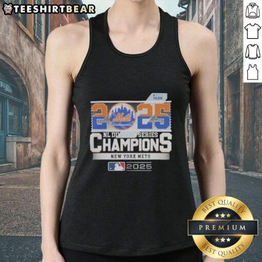 Alt Text: New York Mets 2025 MLB postseason NL Division Series champions celebration tank top, showcasing team pride and victory.