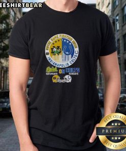 Top Notre Dame Fighting Irish Saturdays X Indianapolis Colts Sundays T-Shirt featuring team logos and vibrant colors.