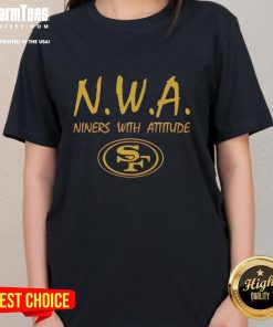 Womens San Francisco 49ers tee featuring 'Top NWA Nines With Attitude' logo, perfect for sports fans and stylish outfits.