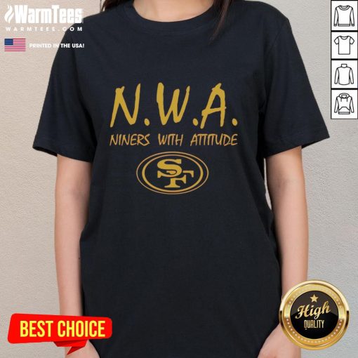 Womens San Francisco 49ers tee featuring 'Top NWA Nines With Attitude' logo, perfect for sports fans and stylish outfits.