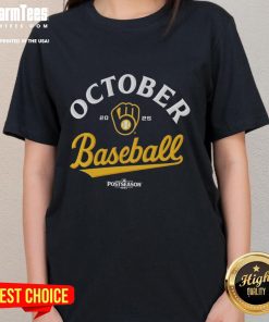 Milwaukee Brewers 2025 MLB Postseason ladies tee featuring vibrant team colors and stylish design, perfect for fans.