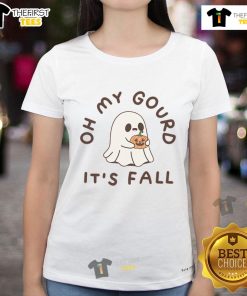 Top Oh My Gourd It's Fall Ladies Tee featuring a festive pumpkin design, perfect for autumn fashion.