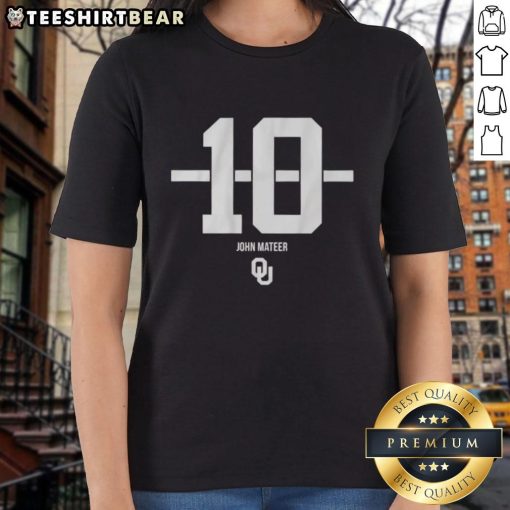 Top Oklahoma Sooners Football John Mateer 10 Stripe Ladies Tee in crimson and white, perfect for game day style.