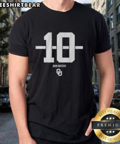 Top Oklahoma Sooners Football John Mateer 10 Stripe T-Shirt featuring team colors and logo, perfect for fans and game day.