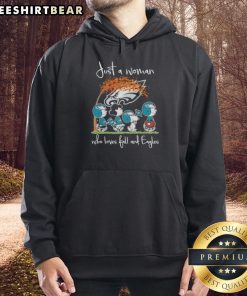 Top Peanuts hoodie featuring a woman who loves fall and Philadelphia Eagles football, perfect for cozy game days.