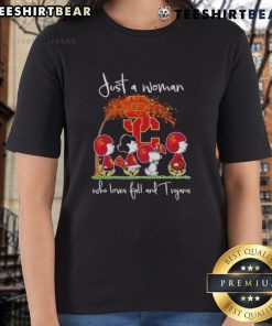 Top Peanuts Just A Woman Who Loves Fall and USC Trojans Ladies Tee featuring autumn colors and USC logo design.