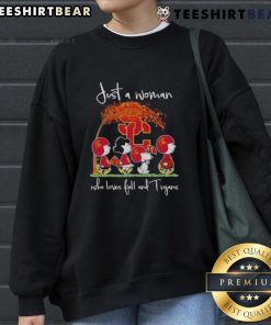 Cozy sweatshirt featuring 'Just a Woman Who Loves Fall and USC Trojans' design, perfect for autumn sports fans.