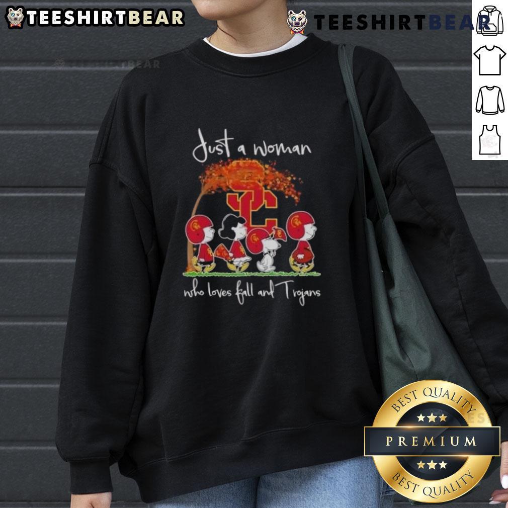 Top Peanuts Just A Woman Who Loves Fall And Usc Trojans Sweatshirt Cozy sweatshirt featuring 'Just a Woman Who Loves Fall and USC Trojans' design, perfect for autumn sports fans.
