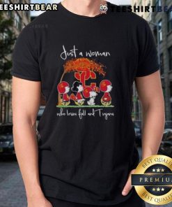 Top Peanuts T-Shirt featuring a woman who loves fall and USC Trojans, perfect for autumn sports fans.