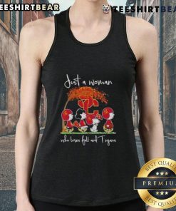 Top Peanuts Just A Woman Who Loves Fall and USC Trojans tank top featuring a stylish design for fans.