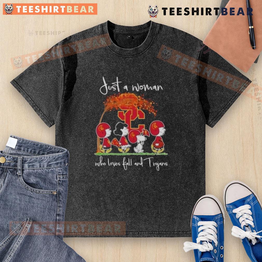 Top Peanuts Just A Woman Who Loves Fall And Usc Trojans Washed T Shirt Top Peanuts Just A Woman Who Loves Fall and USC Trojans washed t-shirt in autumn setting with cozy vibes.