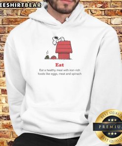 Top Peanuts X American Red Cross hoodie promoting healthy meals with iron-rich foods like eggs, meat, and spinach.