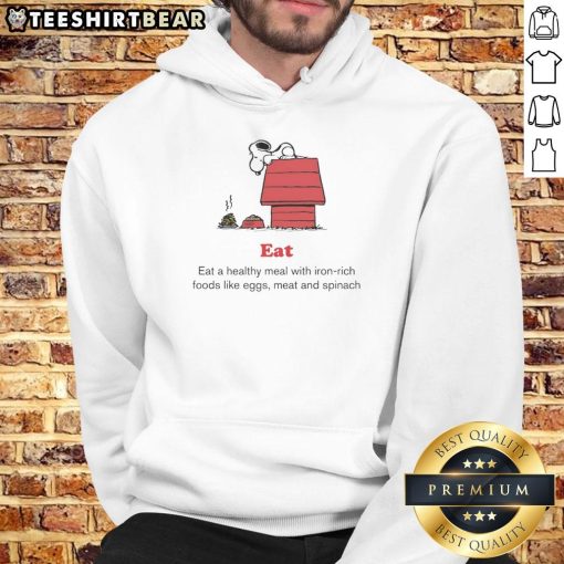 Top Peanuts X American Red Cross hoodie promoting healthy meals with iron-rich foods like eggs, meat, and spinach.