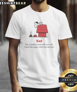 Top Peanuts X American Red Cross t-shirt promoting healthy meals with iron-rich foods like eggs, meat, and spinach.