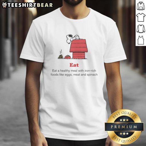 Top Peanuts X American Red Cross t-shirt promoting healthy meals with iron-rich foods like eggs, meat, and spinach.