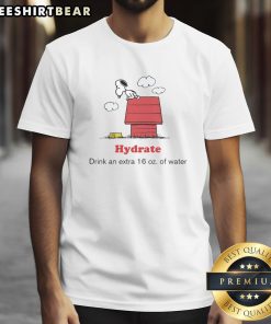 Top Peanuts X American Red Cross Hydrate Drink T-Shirt featuring a bold design and 16 oz water hydration theme.