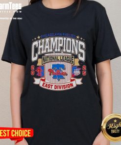 Top Philadelphia Phillies Baseball 2025 MLB East Division Champions ladies tee in vibrant red, perfect for fans.