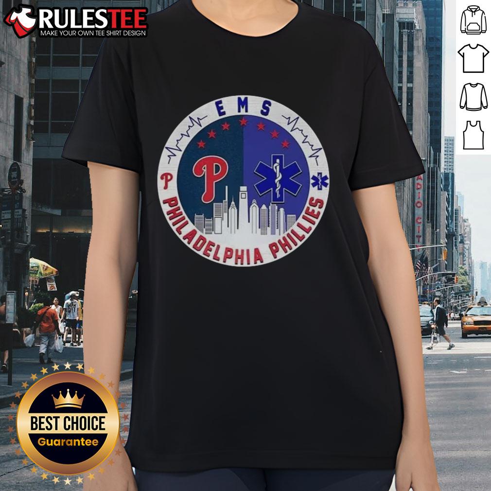 Top Philadelphia Phillies Ems City Skiline Ladies Tee Alt Text: Top Philadelphia Phillies EMS City Skyline Ladies Tee featuring vibrant team colors and stylish design.